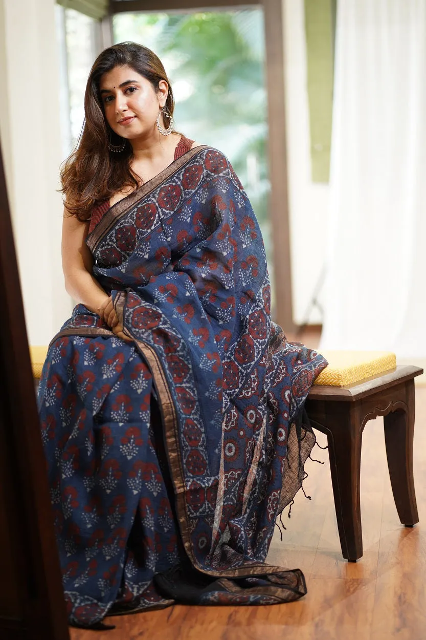 Ajrakh Hand Block Printed Linen Saree