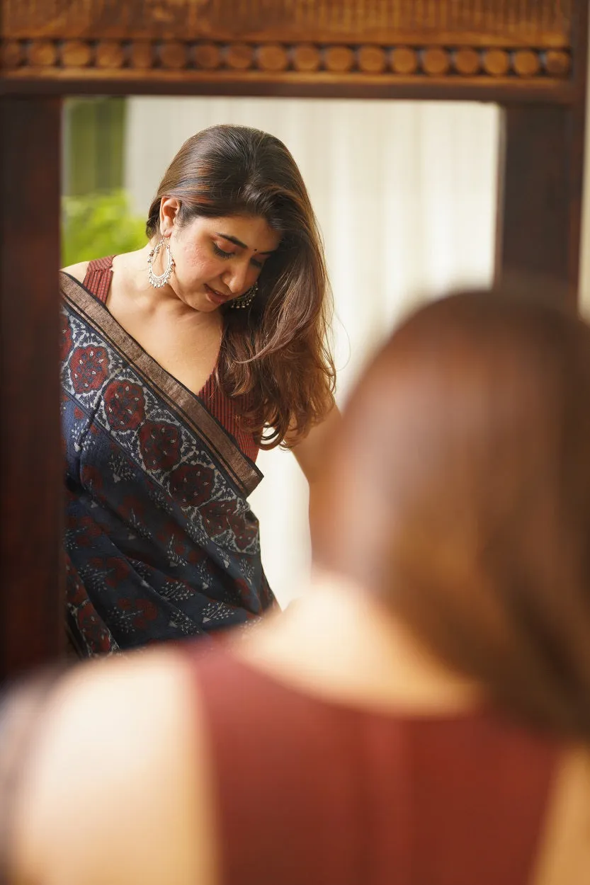 Ajrakh Hand Block Printed Linen Saree