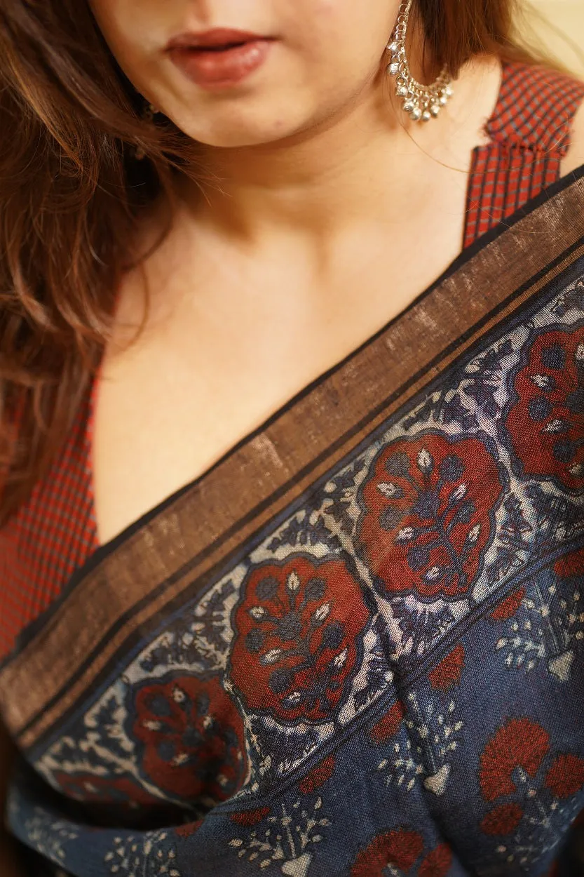 Ajrakh Hand Block Printed Linen Saree