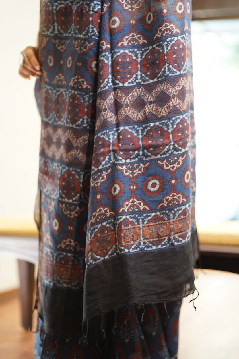 Ajrakh Hand Block Printed Linen Saree