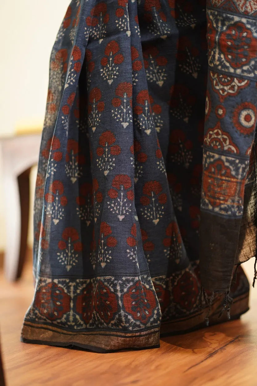 Ajrakh Hand Block Printed Linen Saree