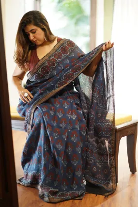 Ajrakh Hand Block Printed Linen Saree