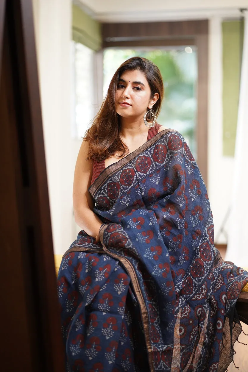 Ajrakh Hand Block Printed Linen Saree