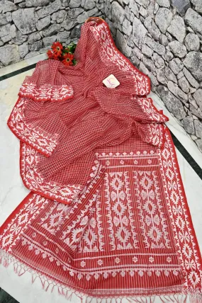 Apple Red Color Muslin Saree with Allover Checks and Jamdani Border