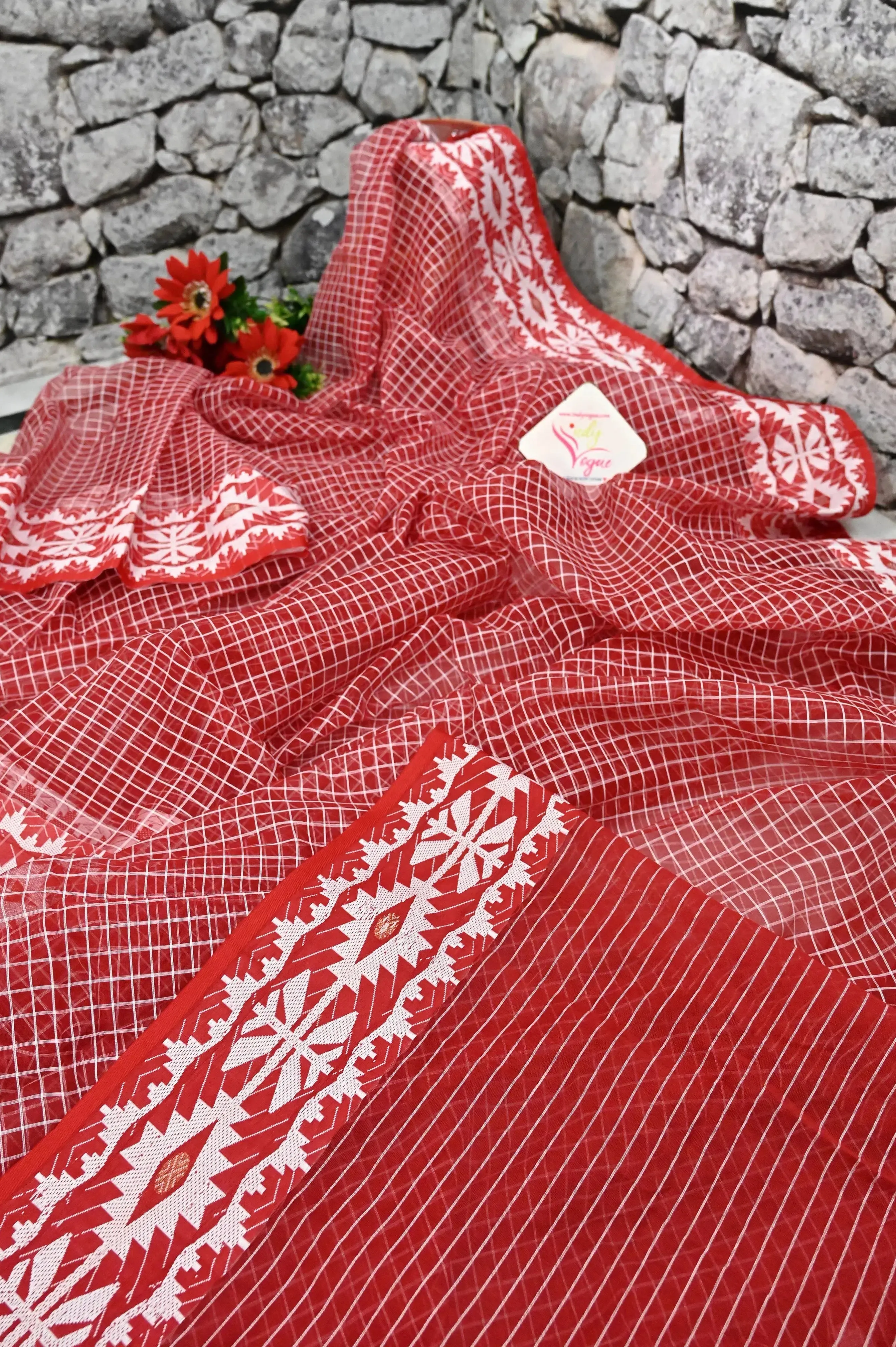 Apple Red Color Muslin Saree with Allover Checks and Jamdani Border