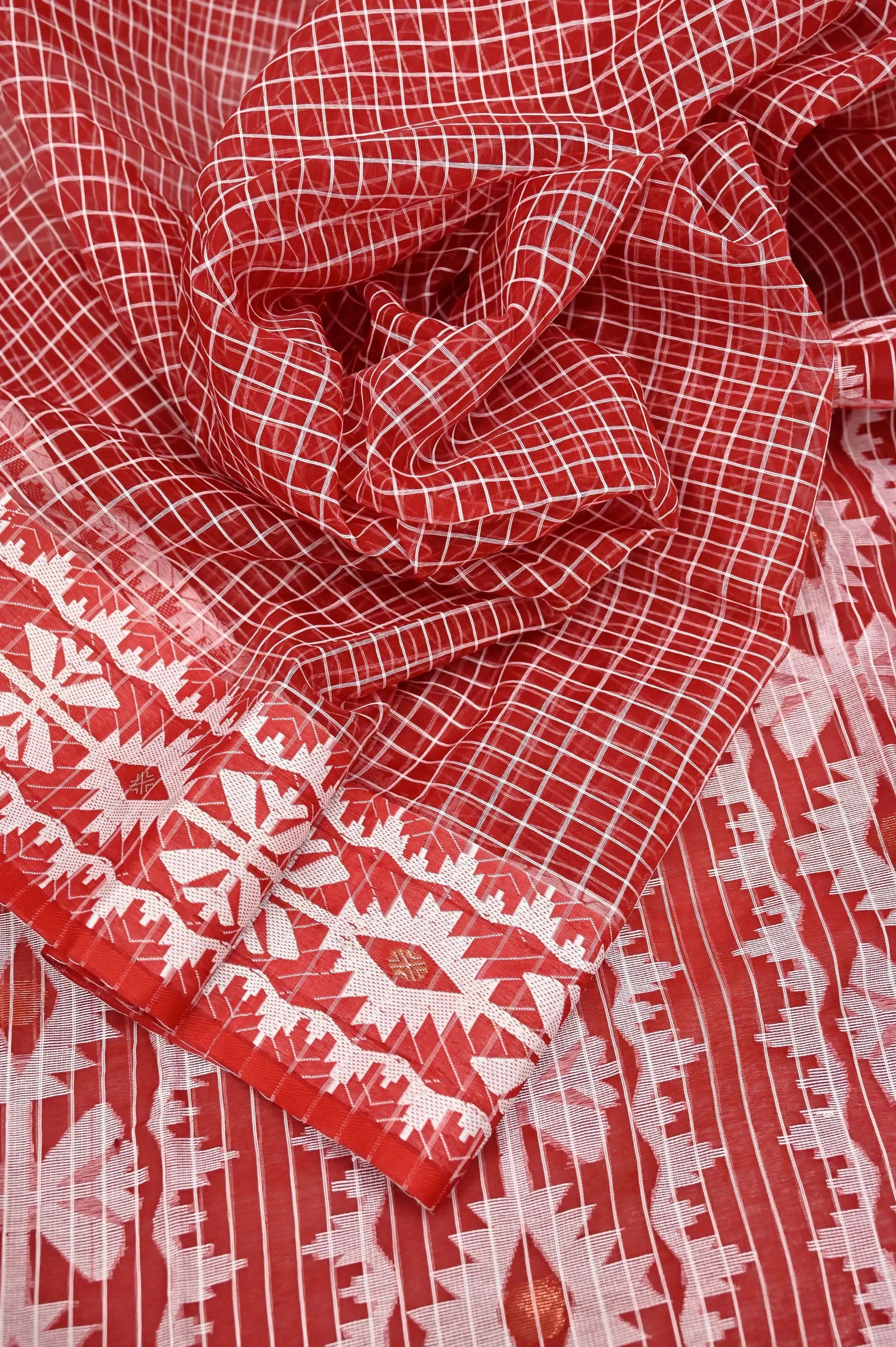 Apple Red Color Muslin Saree with Allover Checks and Jamdani Border