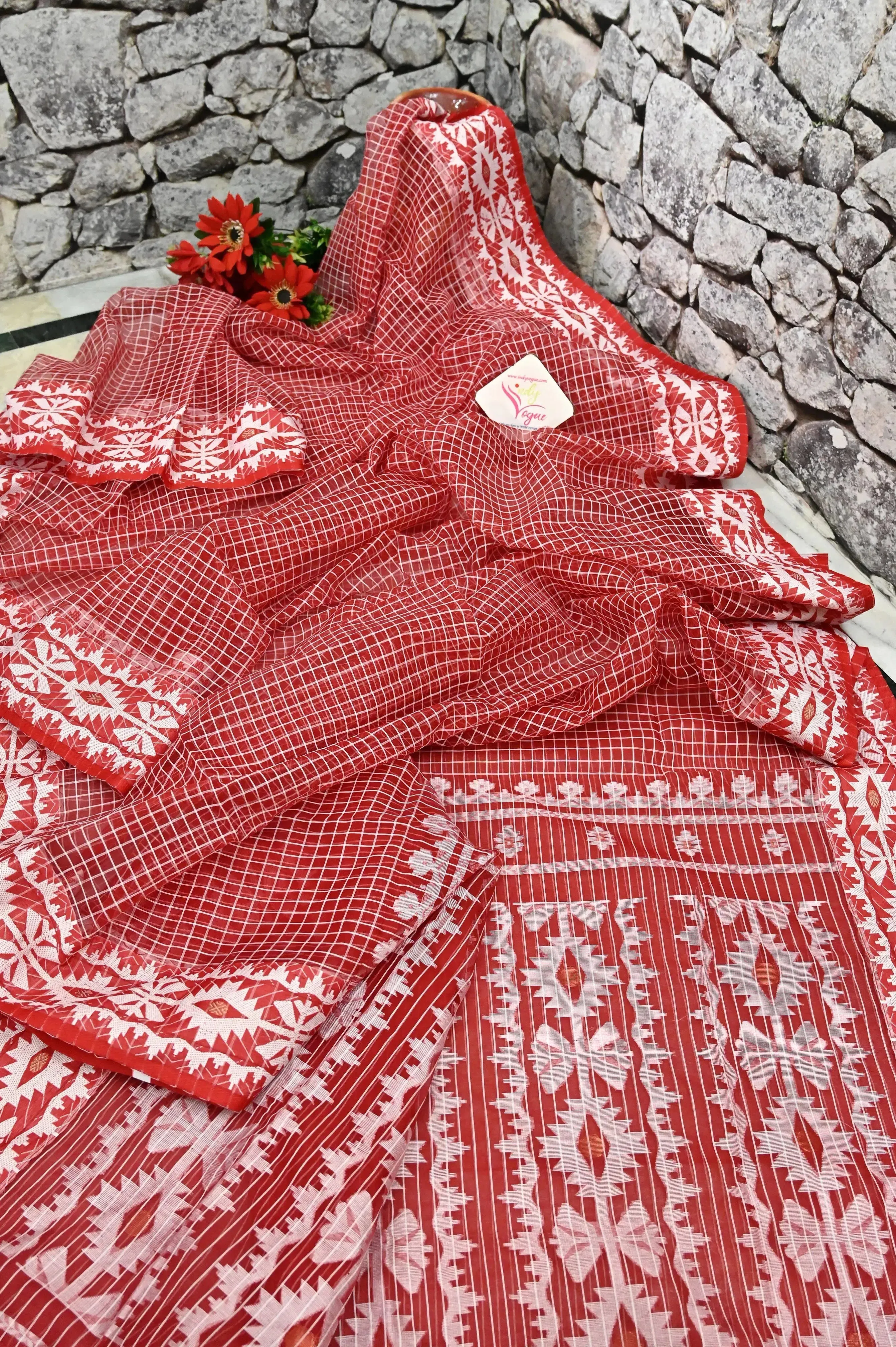 Apple Red Color Muslin Saree with Allover Checks and Jamdani Border