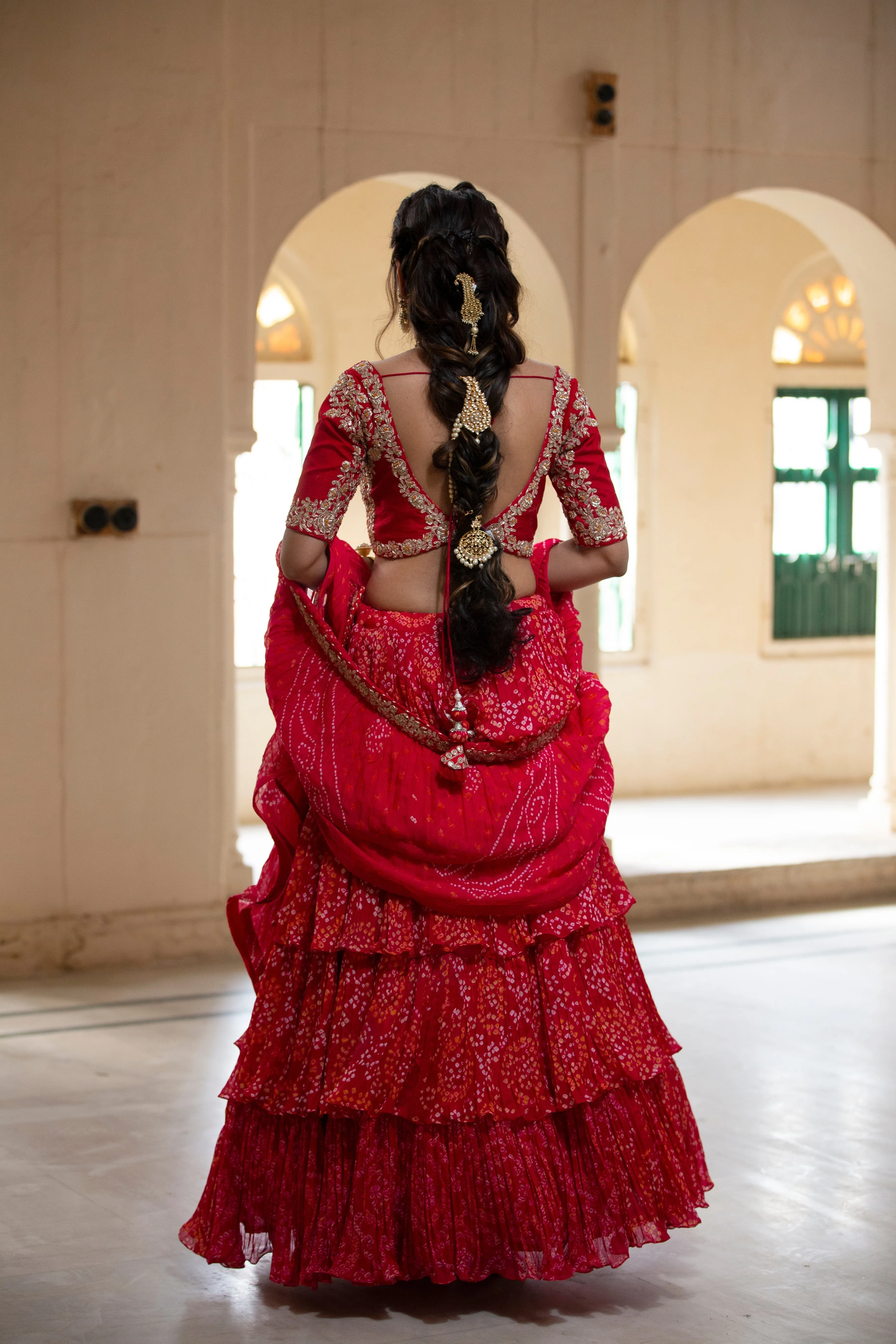 Bandhej Chinon Lehenga with Gota Patti, Zardozi work.