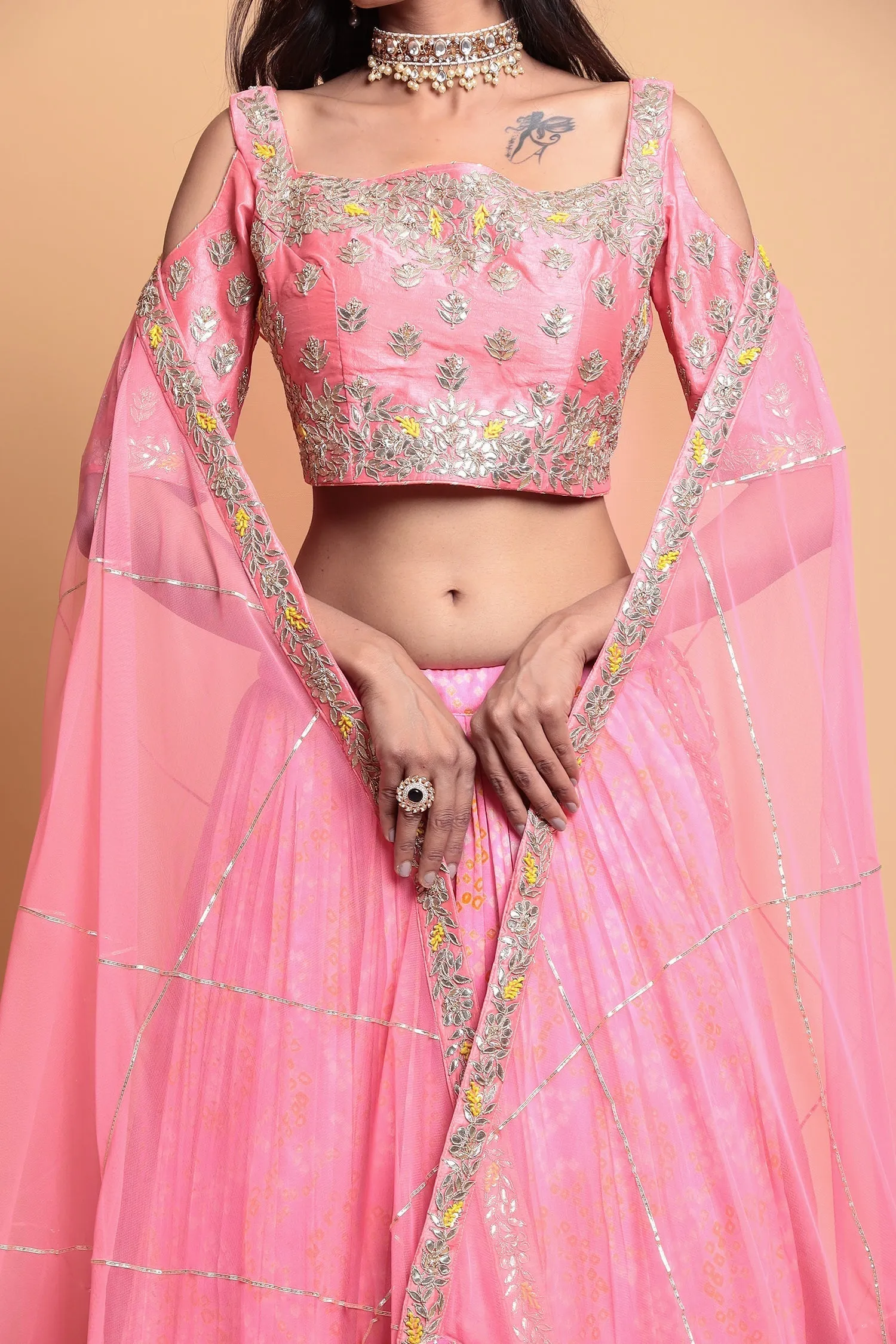 Bandhej Georgette Lehenga with Gota Patti work.