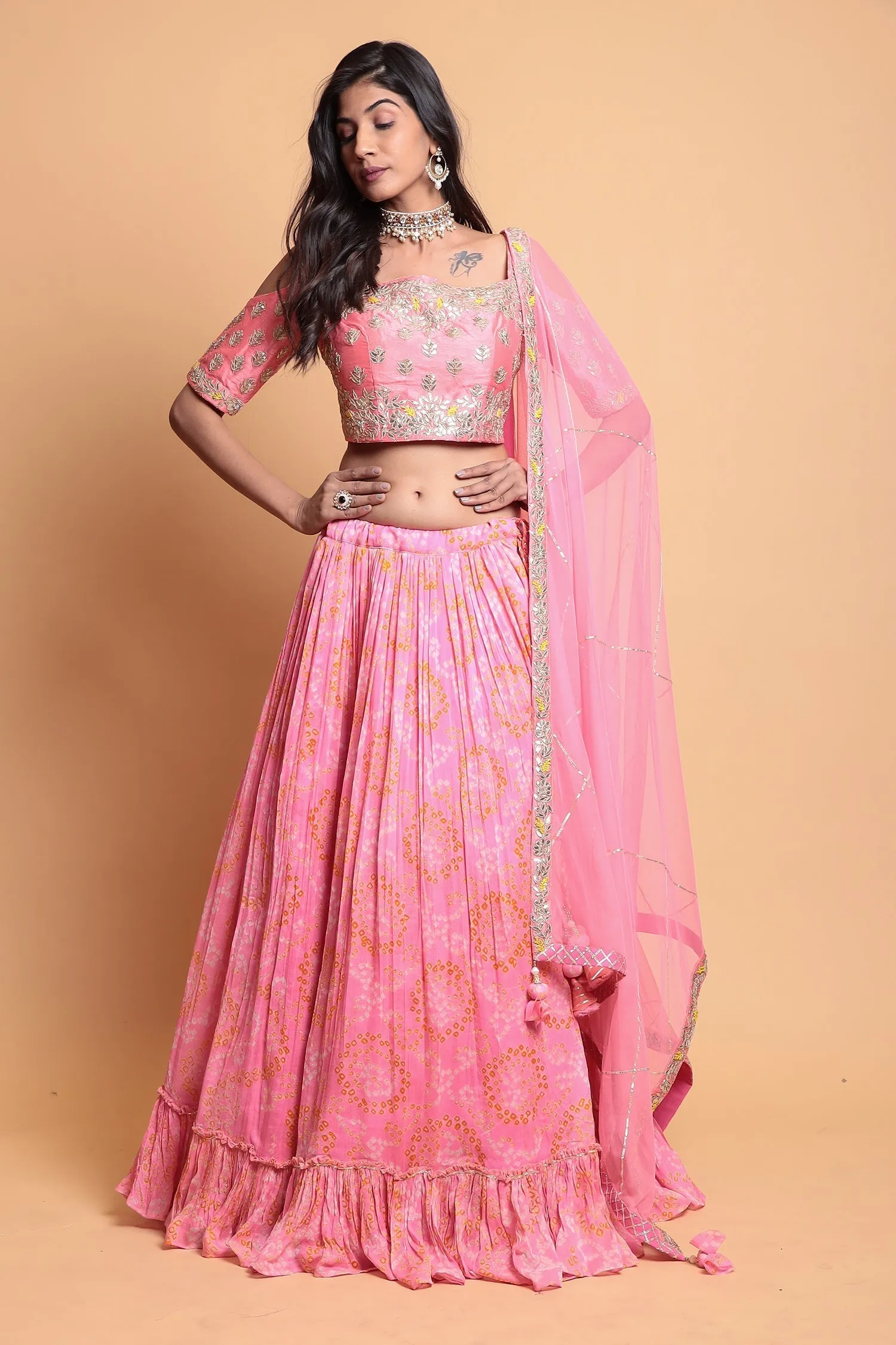 Bandhej Georgette Lehenga with Gota Patti work.