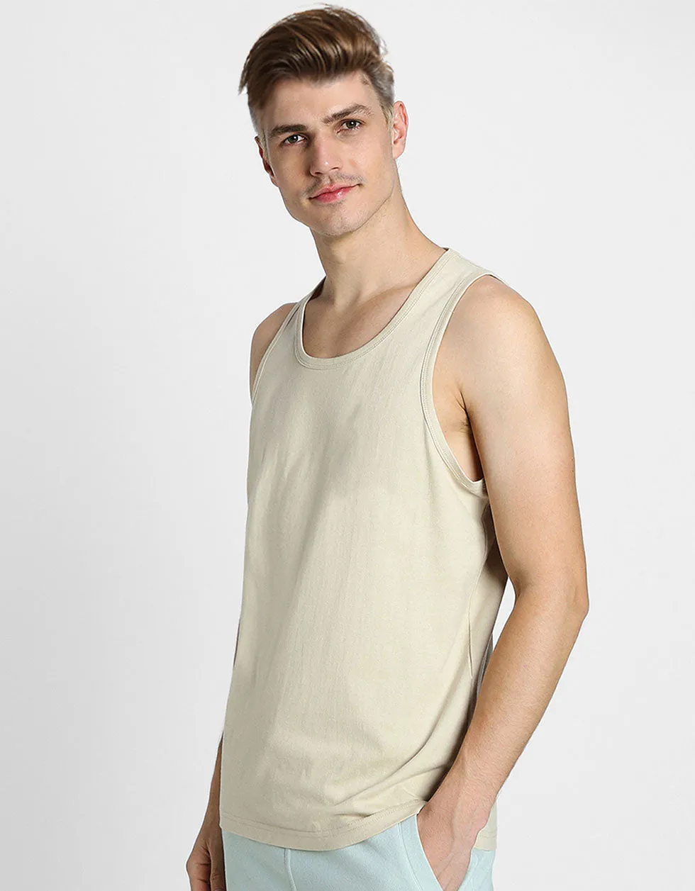 Beige Solid Gym Vest