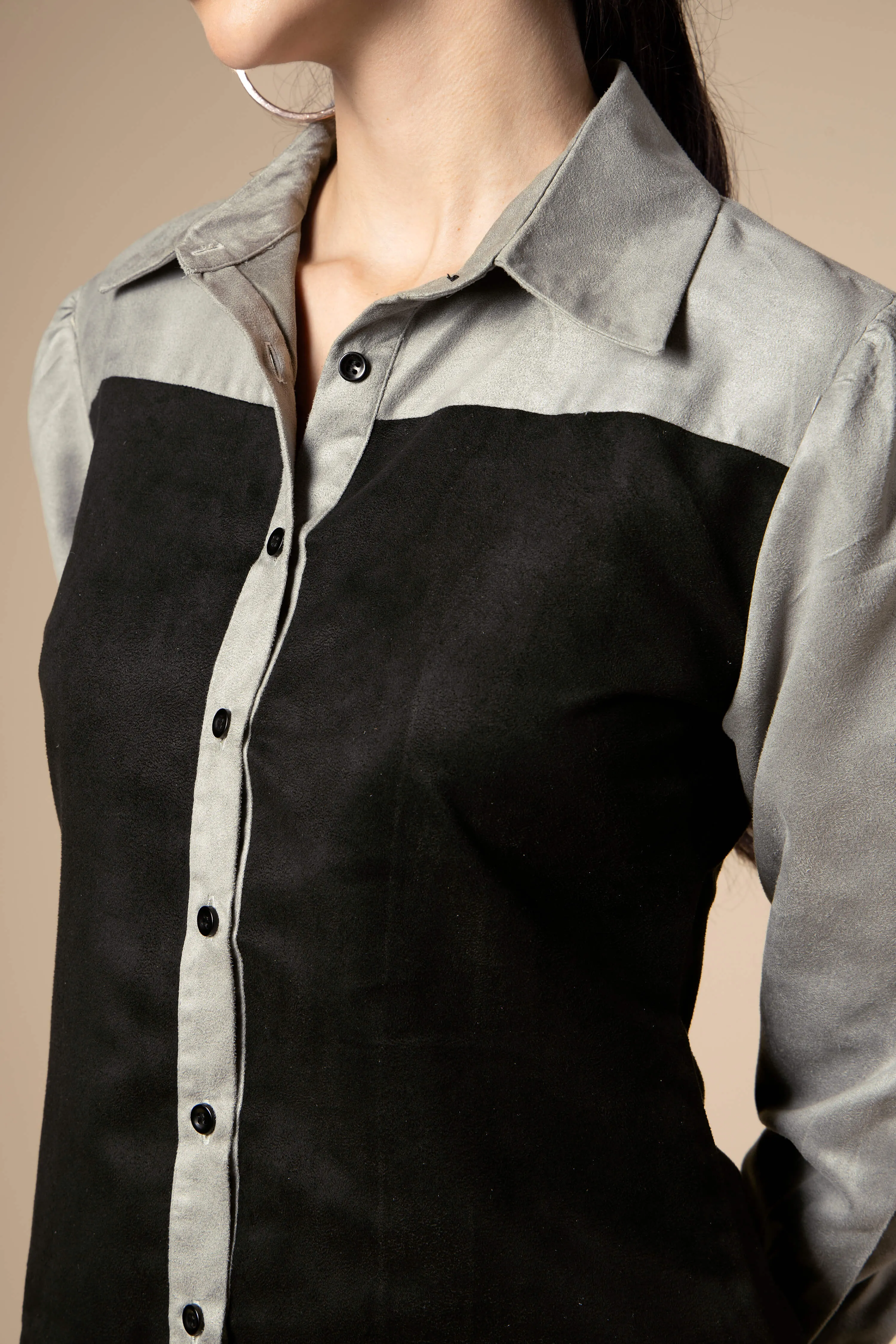 Black And Grey Contrast Suede Casual Shirt