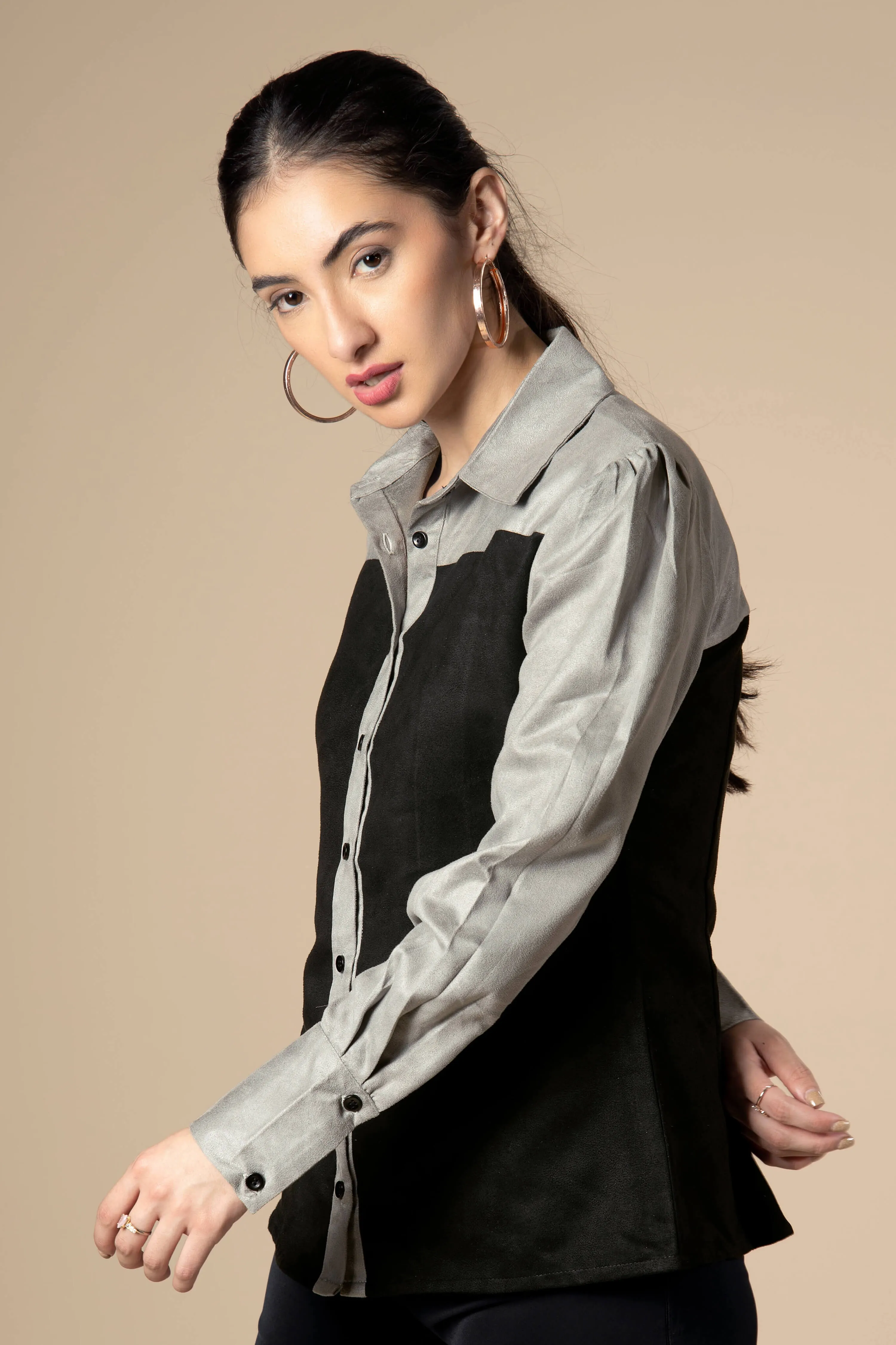 Black And Grey Contrast Suede Casual Shirt