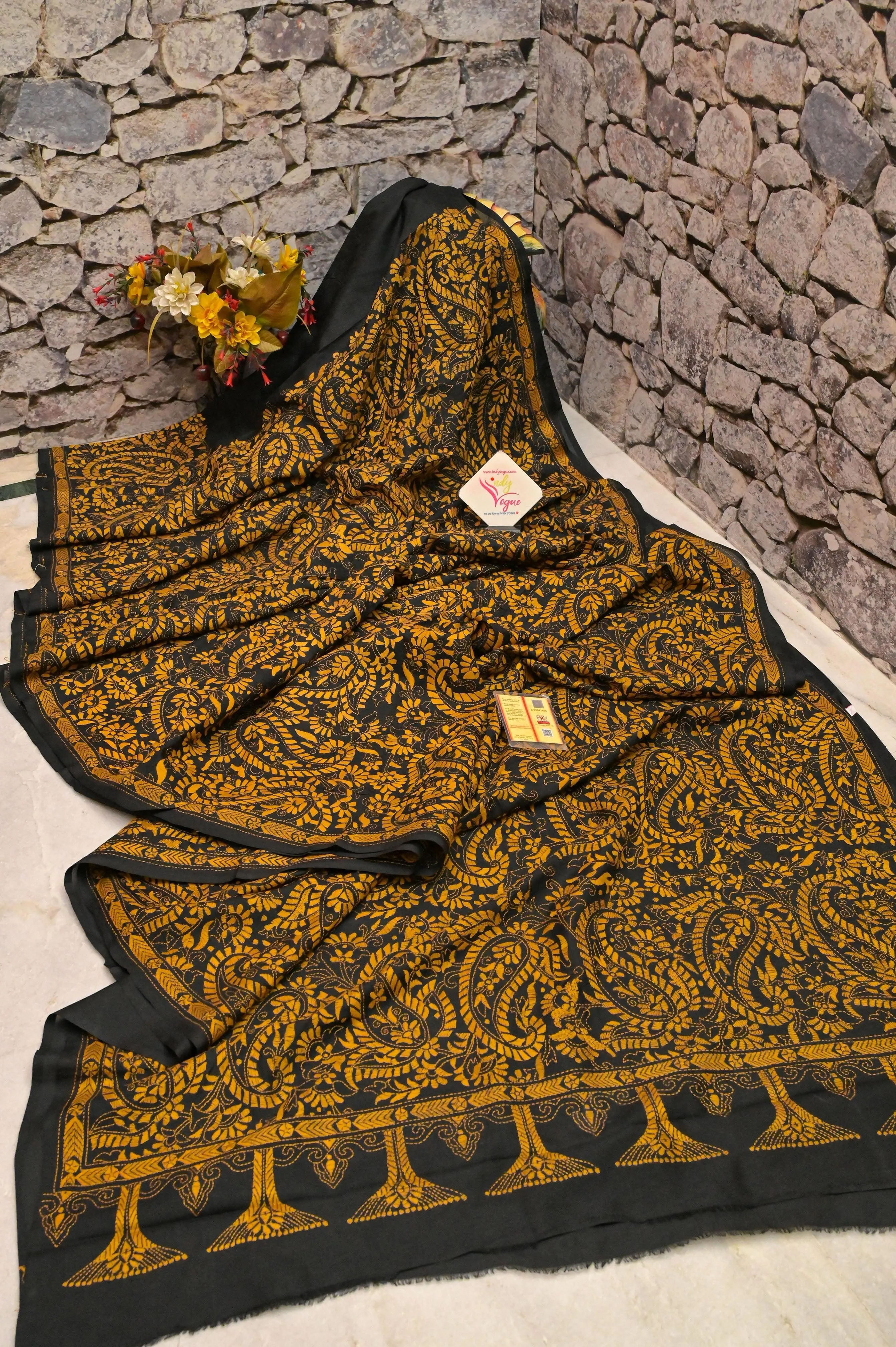 Black Color Half and Half Bangalore Silk Saree with Kantha Stitch