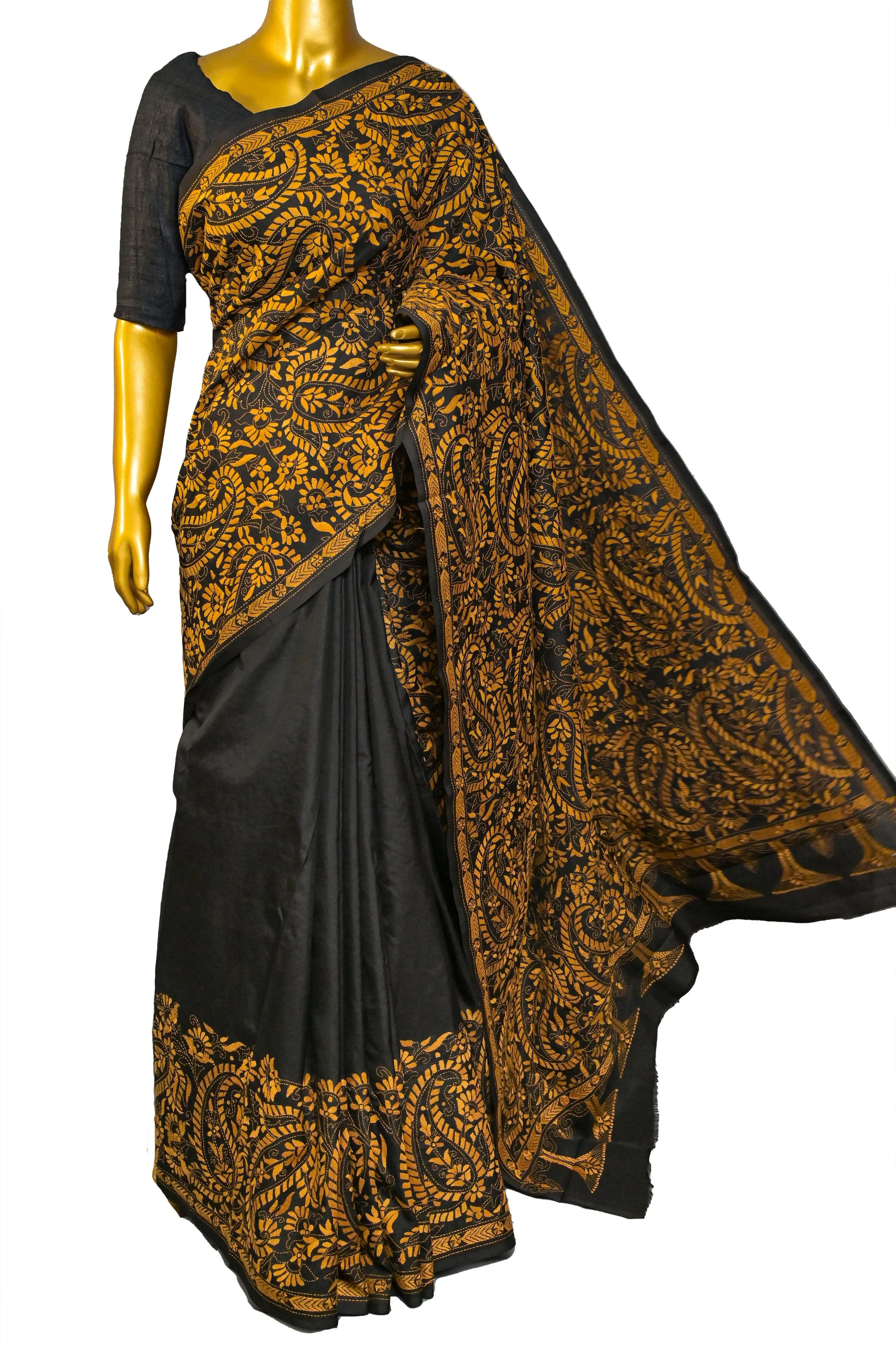 Black Color Half and Half Bangalore Silk Saree with Kantha Stitch