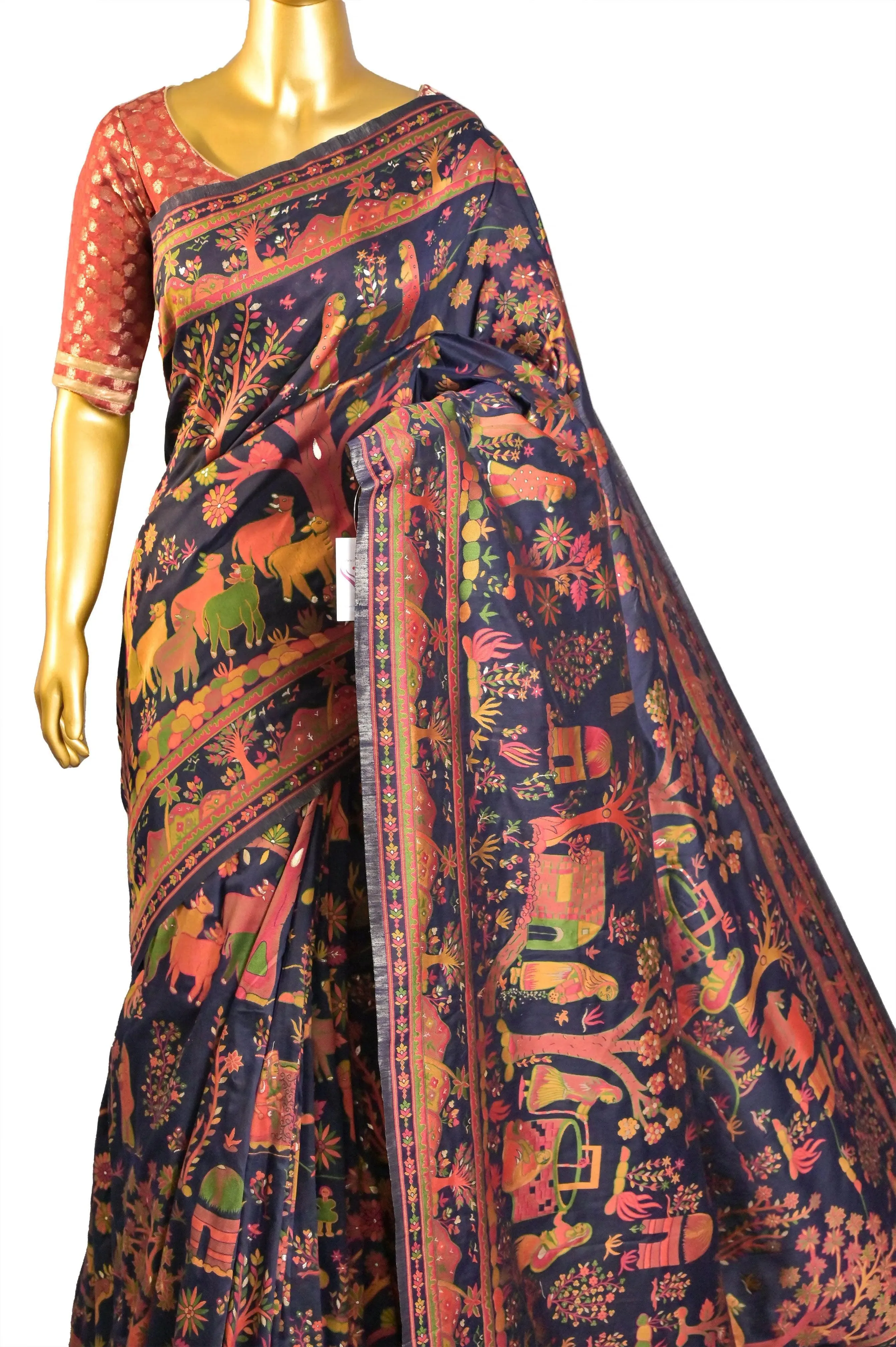 Black Color Kani Silk Saree with Rural Motif Weaving Work