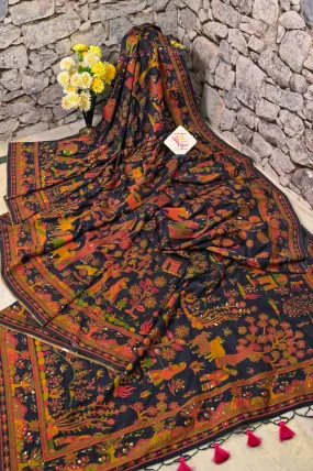 Black Color Kani Silk Saree with Rural Motif Weaving Work