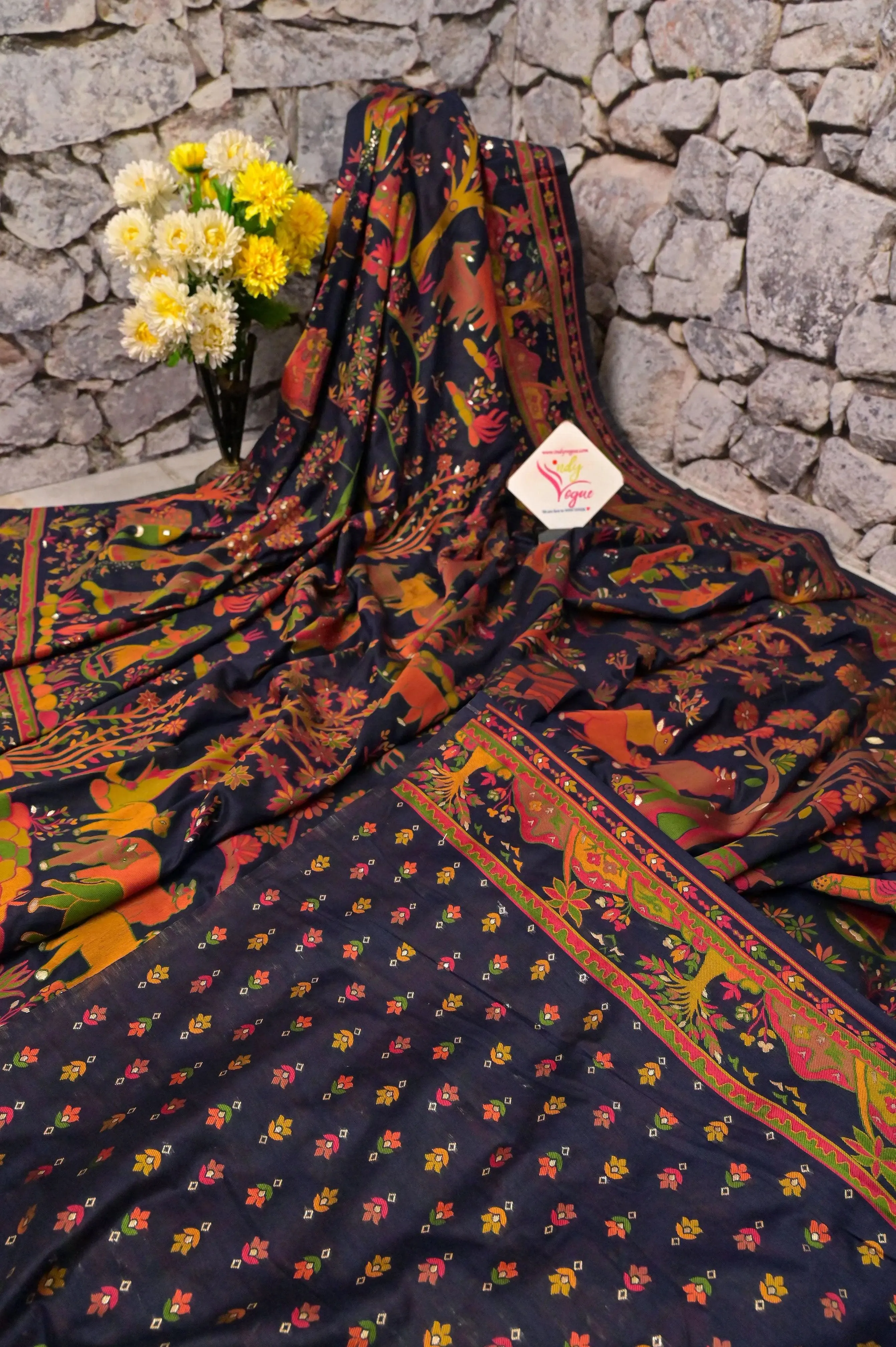 Black Color Kani Silk Saree with Rural Motif Weaving Work