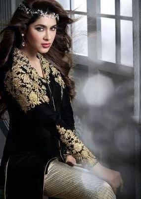 Black colored heavy embroidery kurta set   - Rent