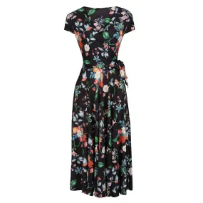 Black Floral Bird Print Cap Sleeve Crossover Top Swing Dress