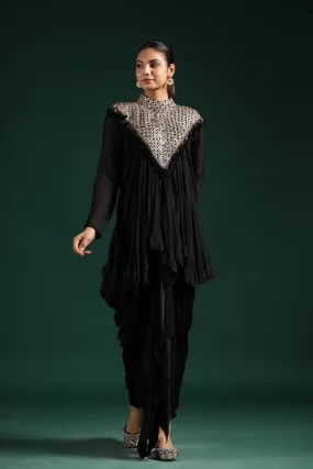 Black Gota Embroidered Chinon Silk Draped Skirt & Top