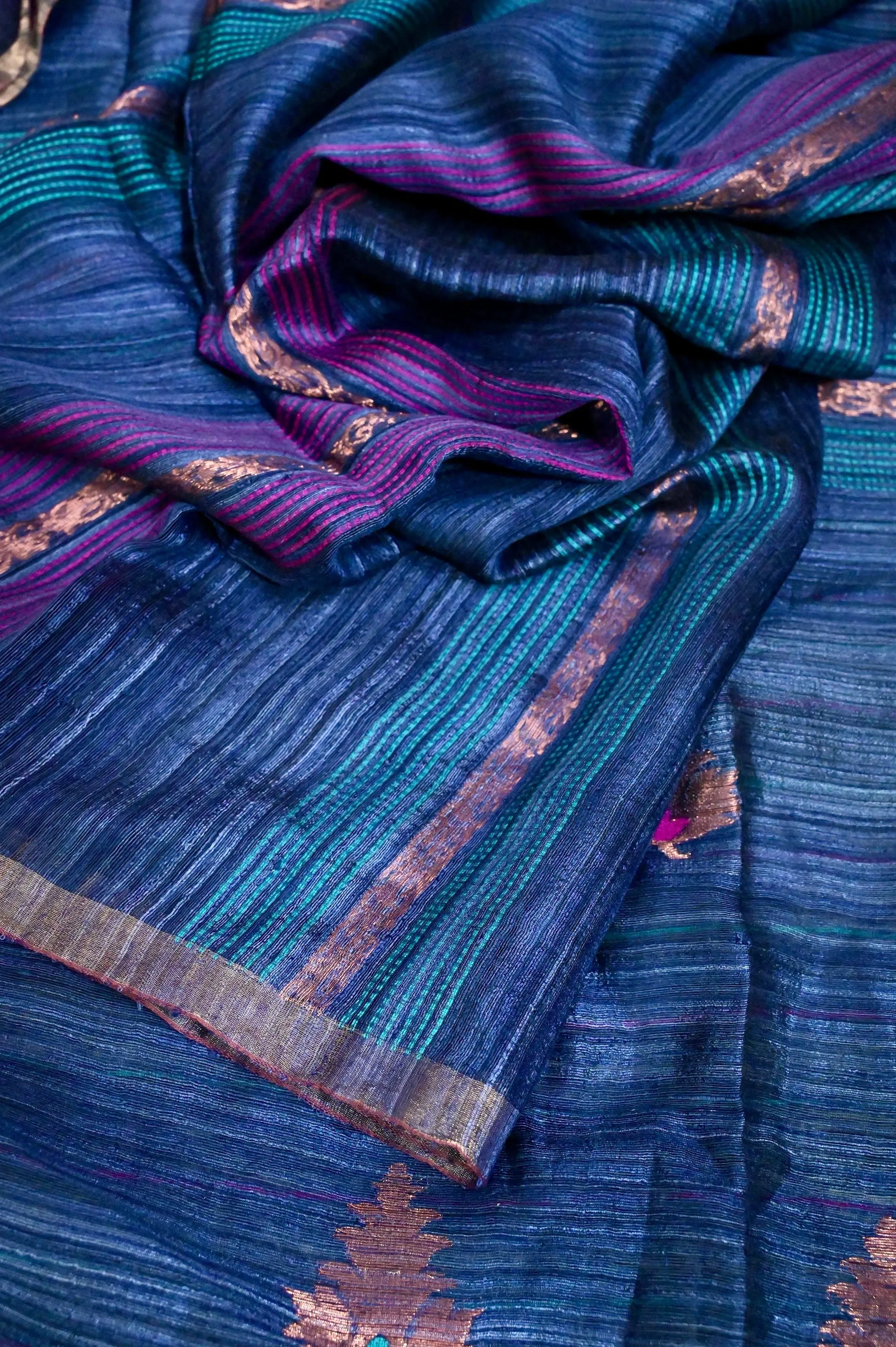 Blue and Purple Matka Saree with Copper Zari and Kantha Style Stripe Weaving