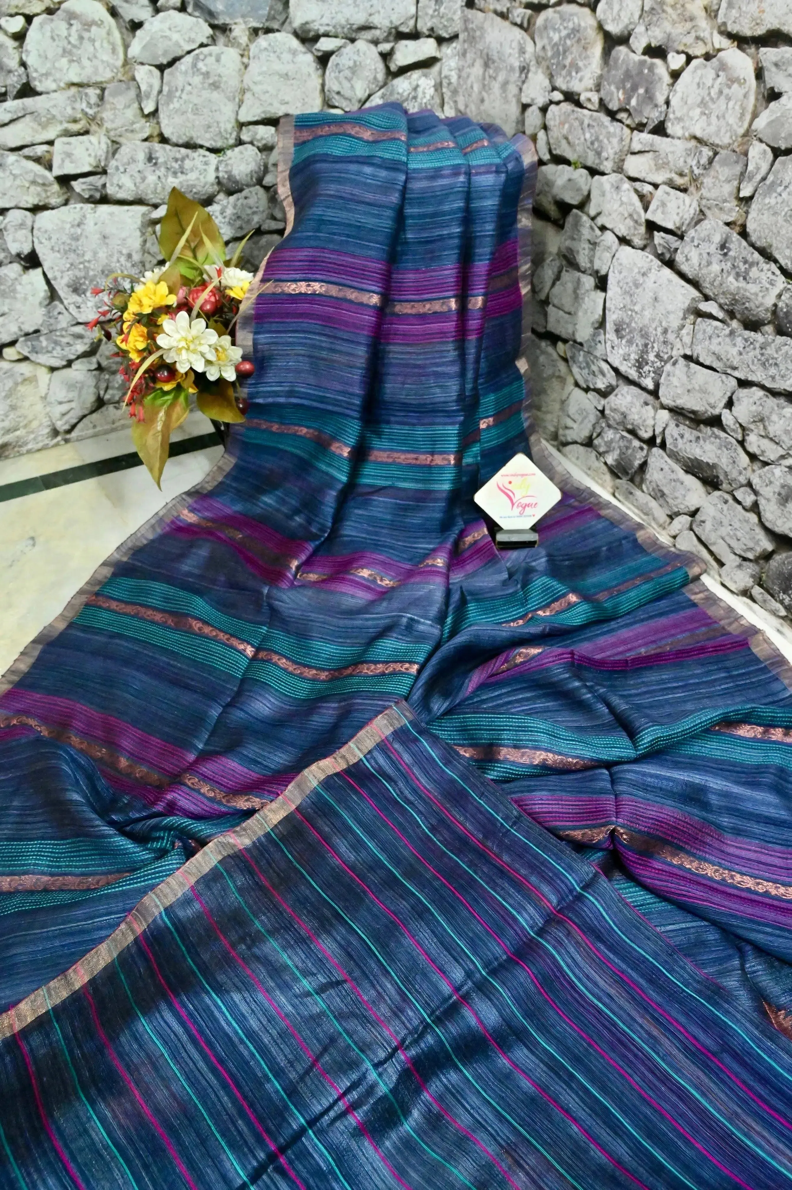 Blue and Purple Matka Saree with Copper Zari and Kantha Style Stripe Weaving