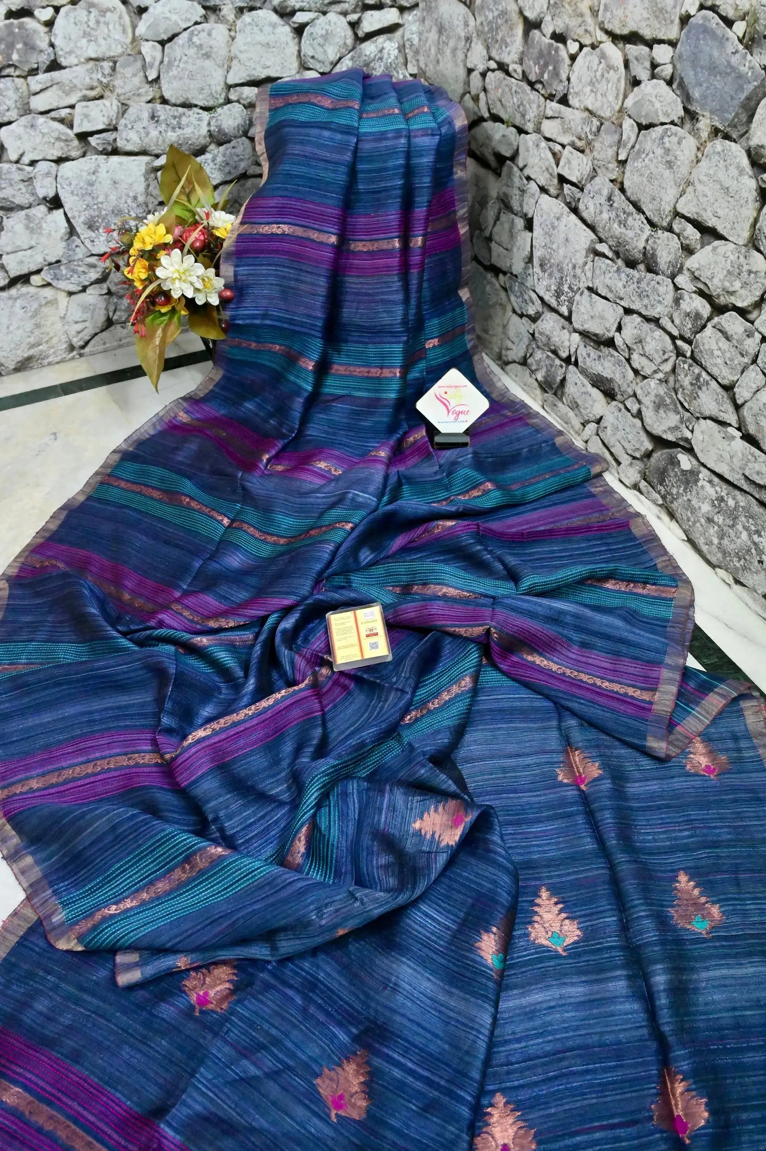 Blue and Purple Matka Saree with Copper Zari and Kantha Style Stripe Weaving