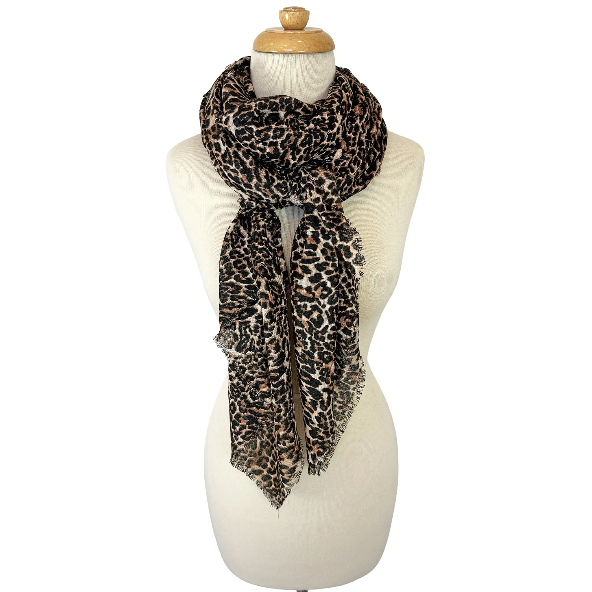 Blue Pacific Leopard Animal Print Micromodal Cashmere Scarf in Chocolate and Tan