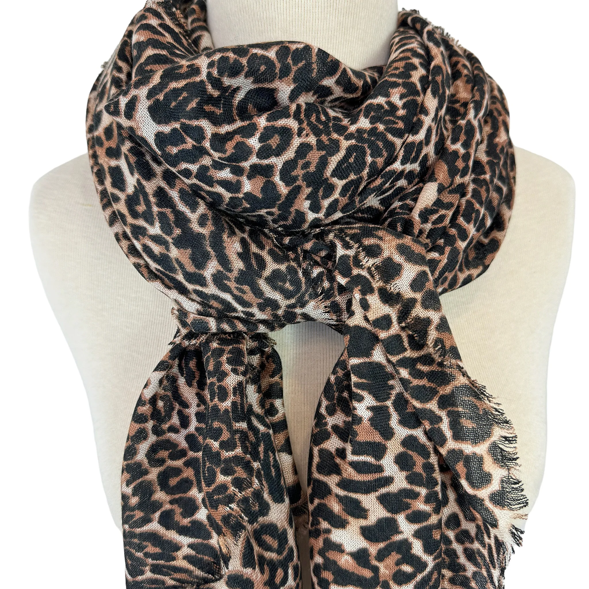 Blue Pacific Leopard Animal Print Micromodal Cashmere Scarf in Chocolate and Tan