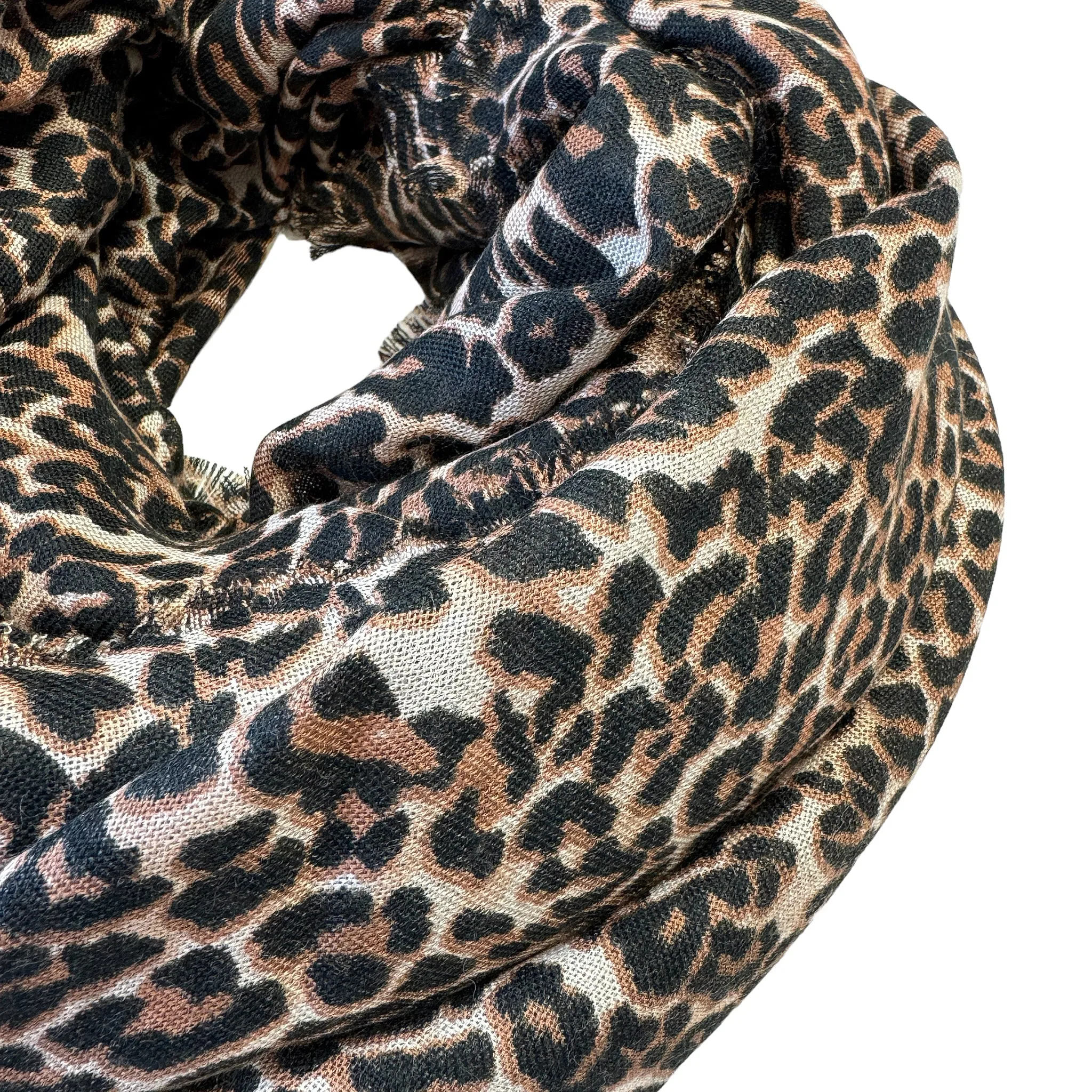 Blue Pacific Leopard Animal Print Micromodal Cashmere Scarf in Chocolate and Tan