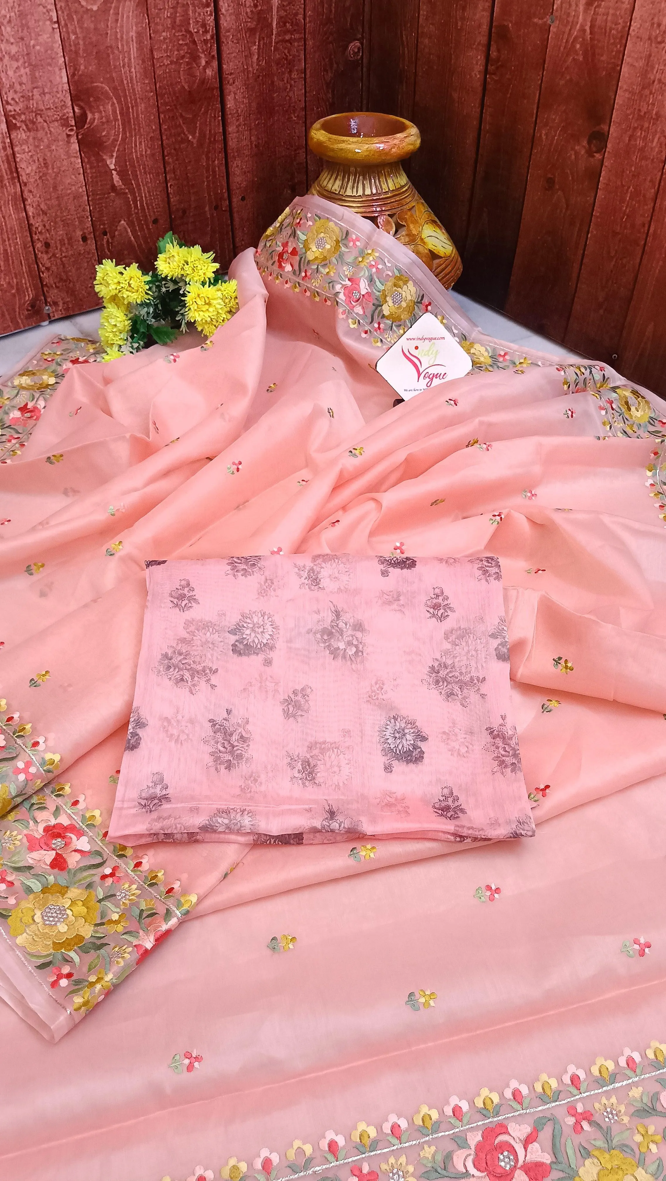 Blush Peach Color Organza Saree with Floral Machine Embroidery