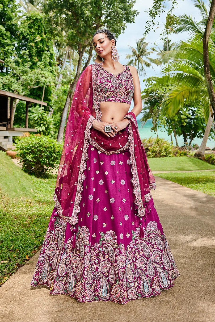 Burgundy Satin Silk Sequins and Zarkan embroidery Lehenga choli & Dupatta