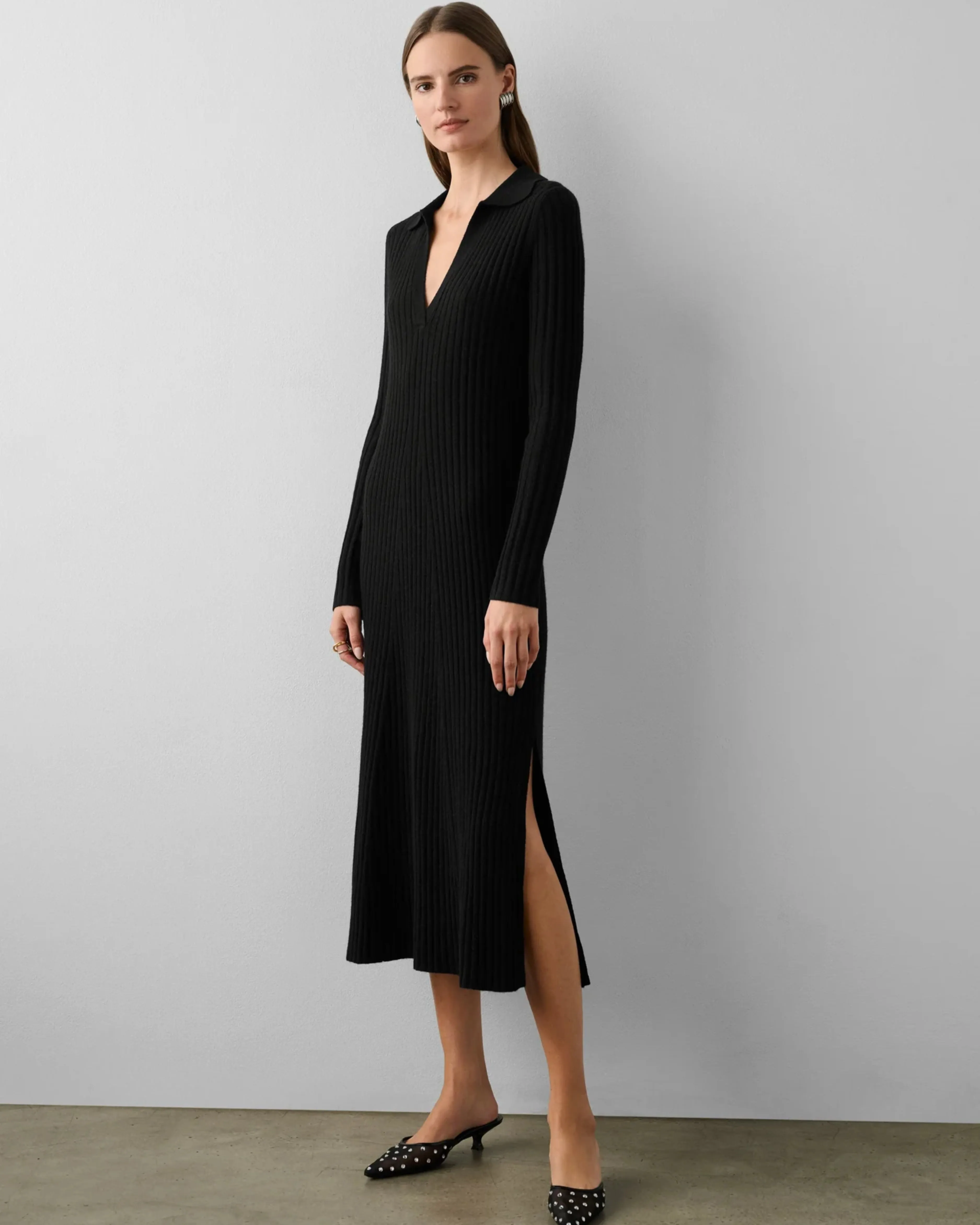 Cashmere Blended Ribbed Polo Dress