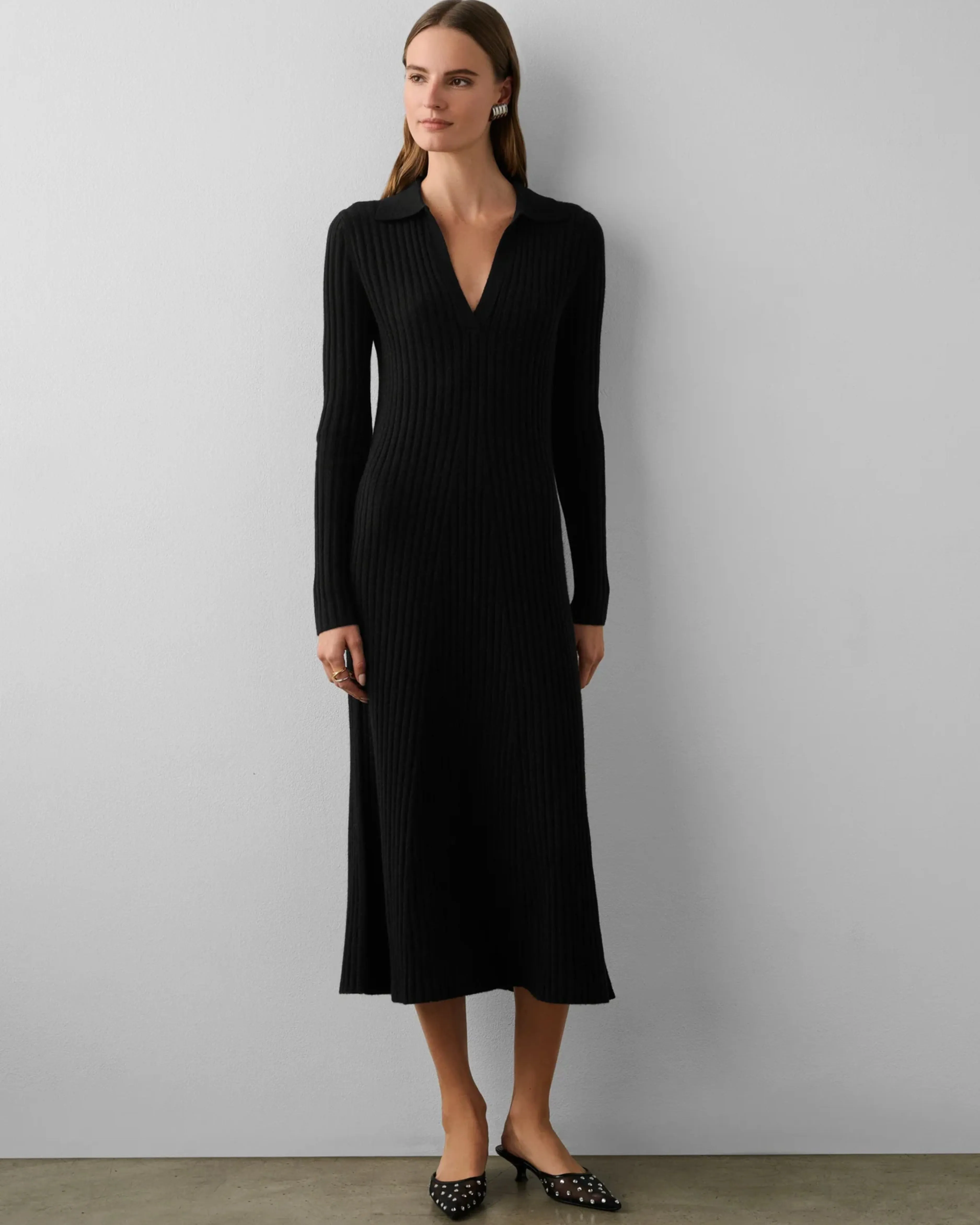 Cashmere Blended Ribbed Polo Dress