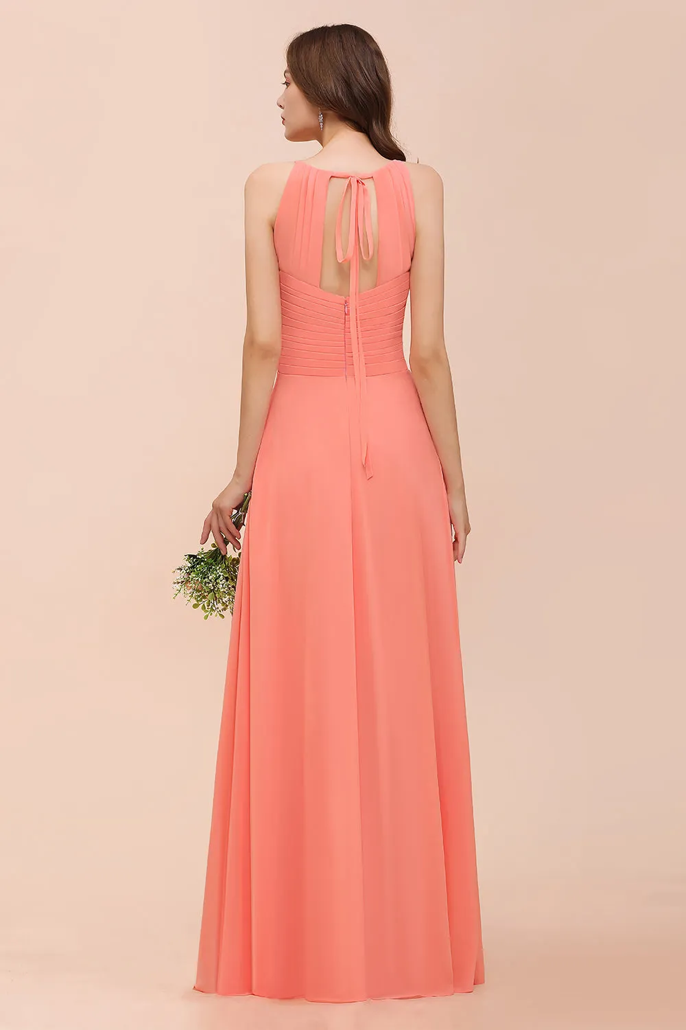 Charming Long Chiffon A-Line Halter Coral Bridesmaid Dresses