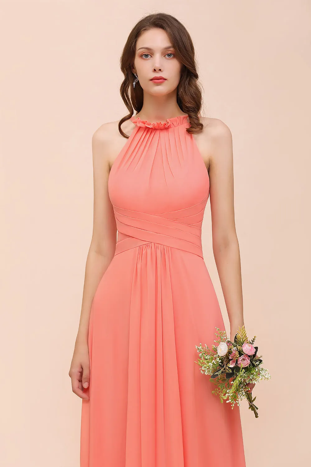 Charming Long Chiffon A-Line Halter Coral Bridesmaid Dresses