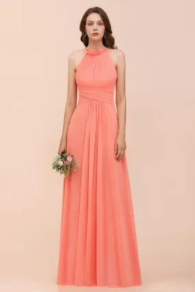 Charming Long Chiffon A-Line Halter Coral Bridesmaid Dresses