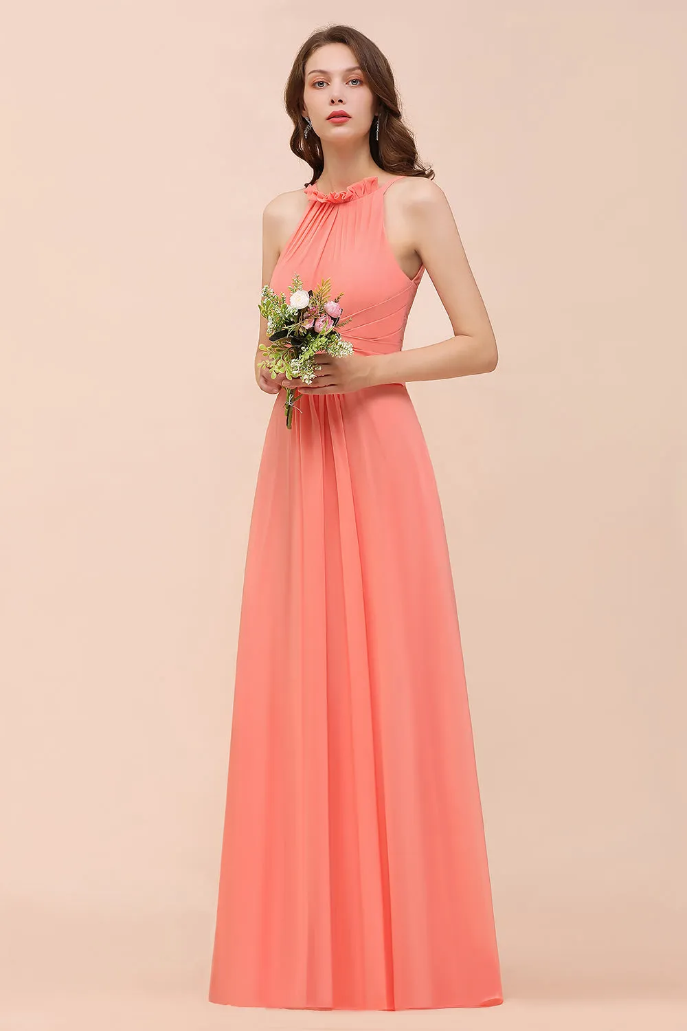 Charming Long Chiffon A-Line Halter Coral Bridesmaid Dresses