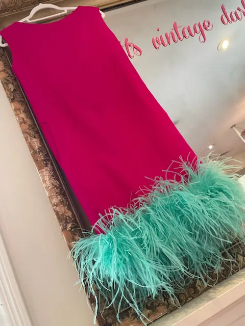 Cheeky Upcycled Fushia Column Dress with Feathers