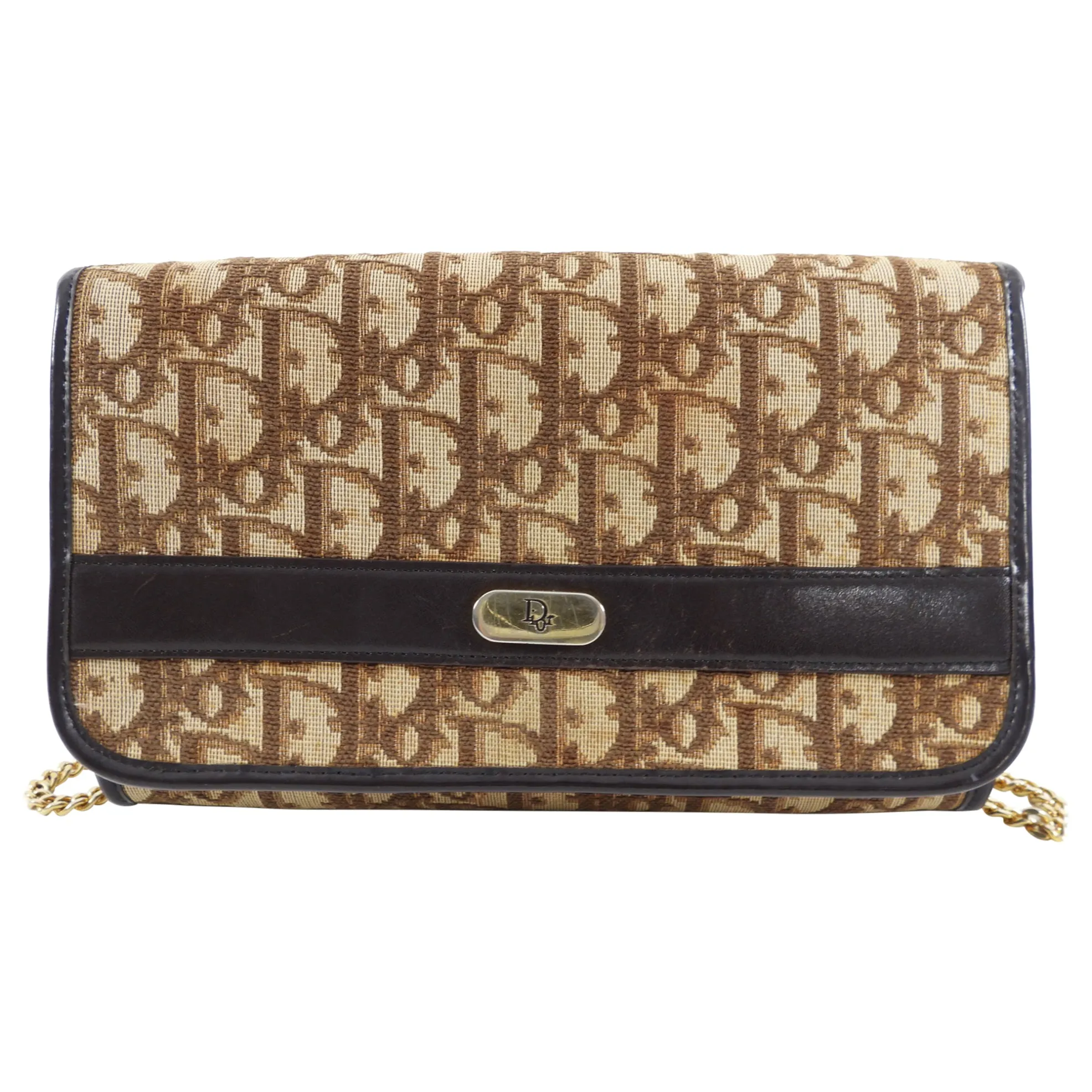 Christian Dior Vintage Brown Oblique Logo Pattern Chain Bag