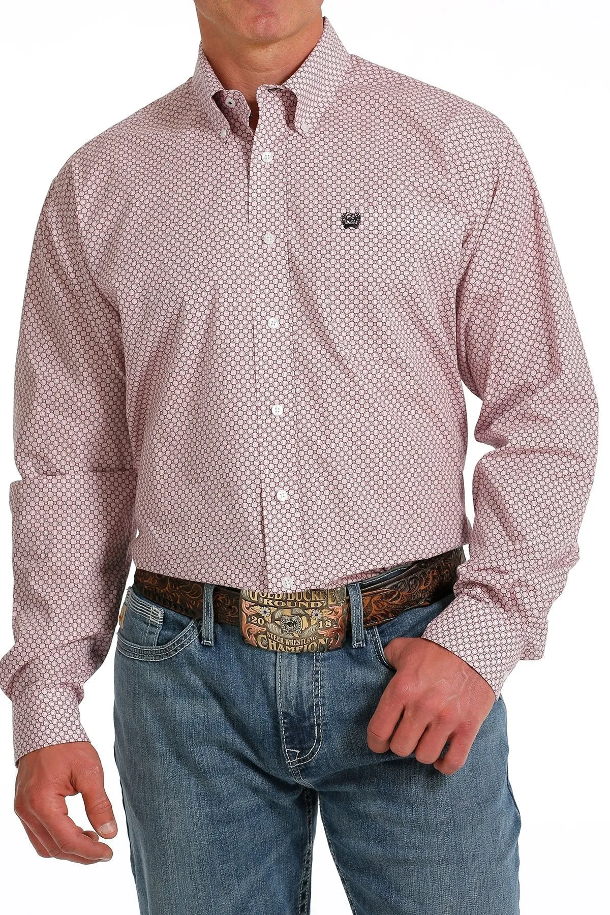 Cinch Mens Geometric Print Button Down Shirt - Pink/Black