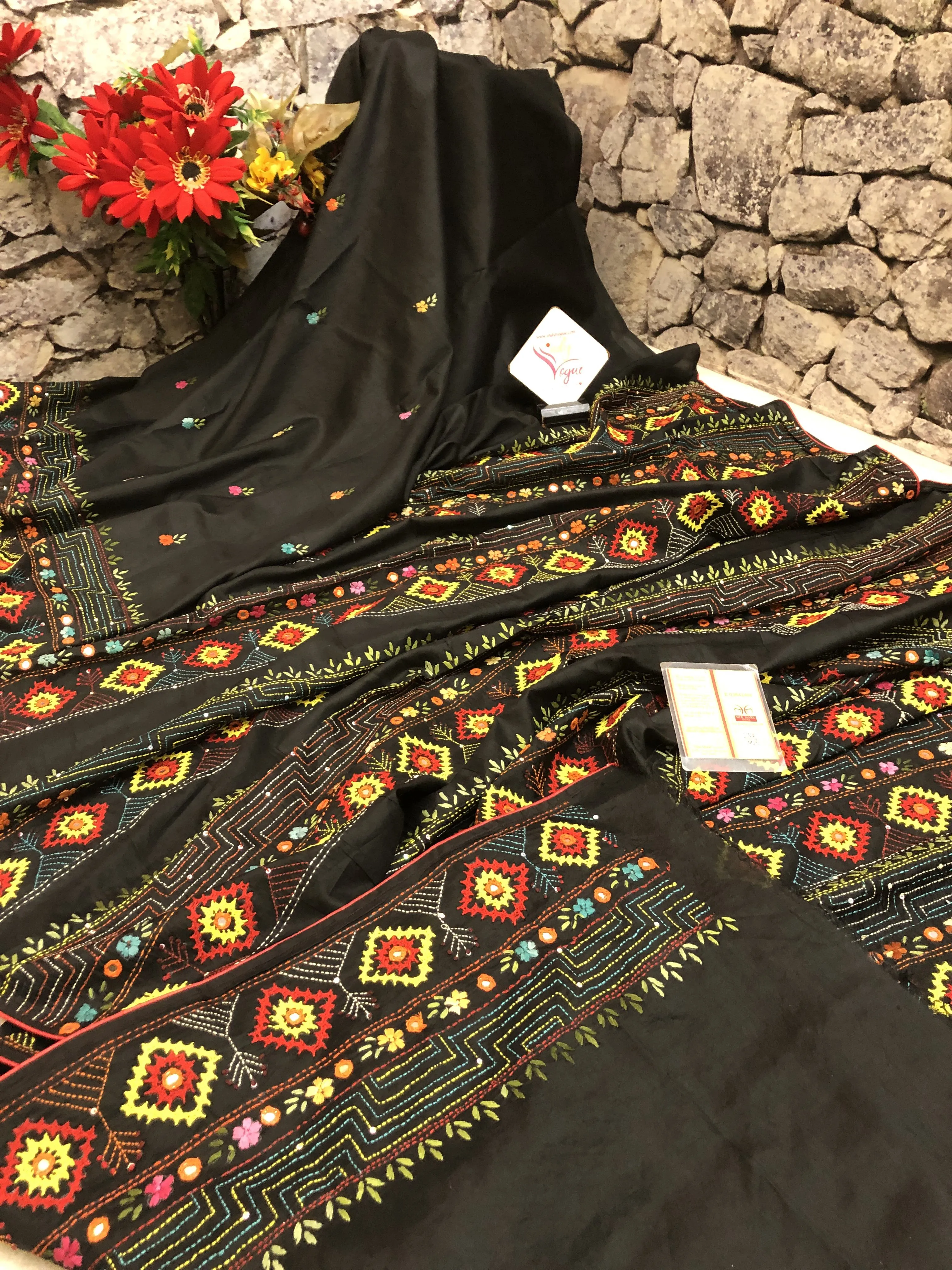 Coal Black Color Half and Half Bangalore Silk with Hand Lambani Work & Kashmiri Stitch