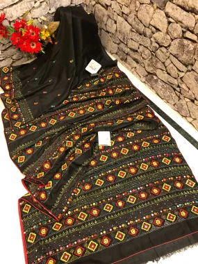 Coal Black Color Half and Half Bangalore Silk with Hand Lambani Work & Kashmiri Stitch