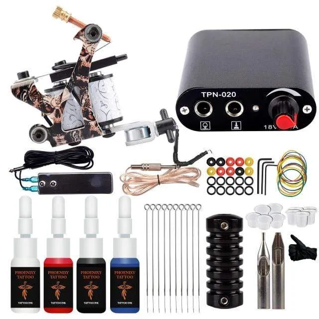 Complete Tattoo Machine Set With Ink Power Supply Grips Tattoo Supplies Beginners Body Art Makeup Tattoo Kit Accessories Tools