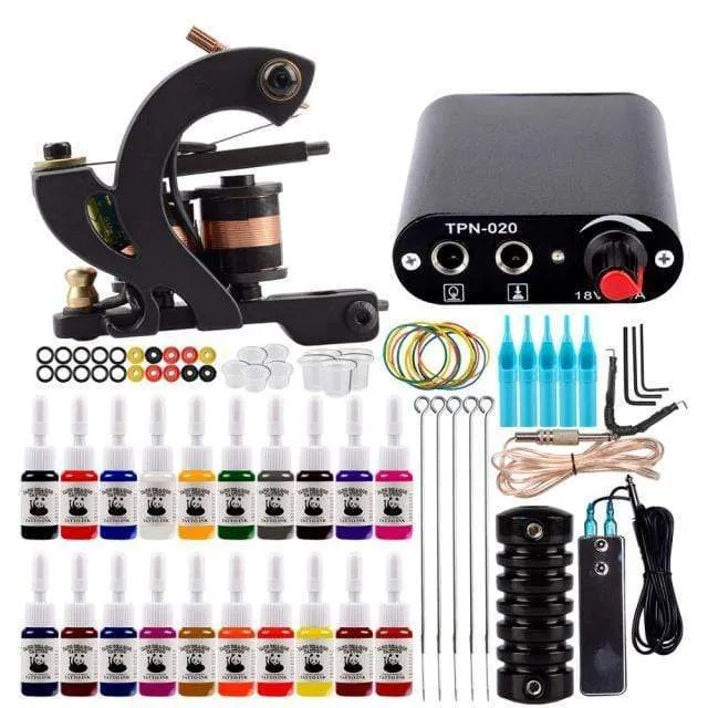 Complete Tattoo Machine Set With Ink Power Supply Grips Tattoo Supplies Beginners Body Art Makeup Tattoo Kit Accessories Tools