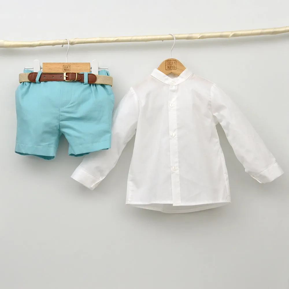 Conjunto bebé Corfú con peto de lino y camisa cuello bebé