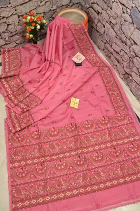 Coral Pink Color Pure Bangalore Silk Saree with Madhubani Style Embroidery