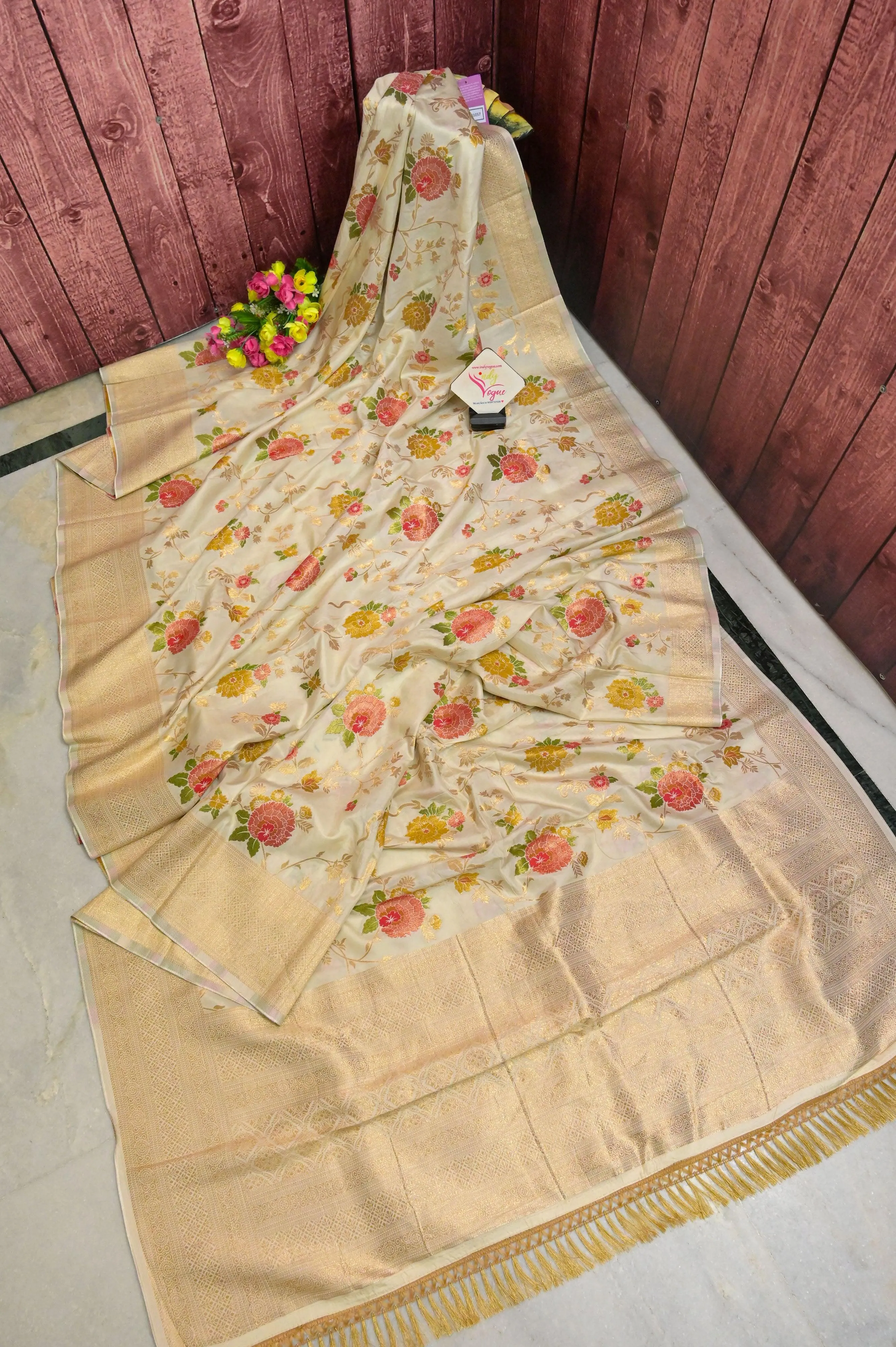 Cream Color Muga Banarasi Saree with Allover Zari Work