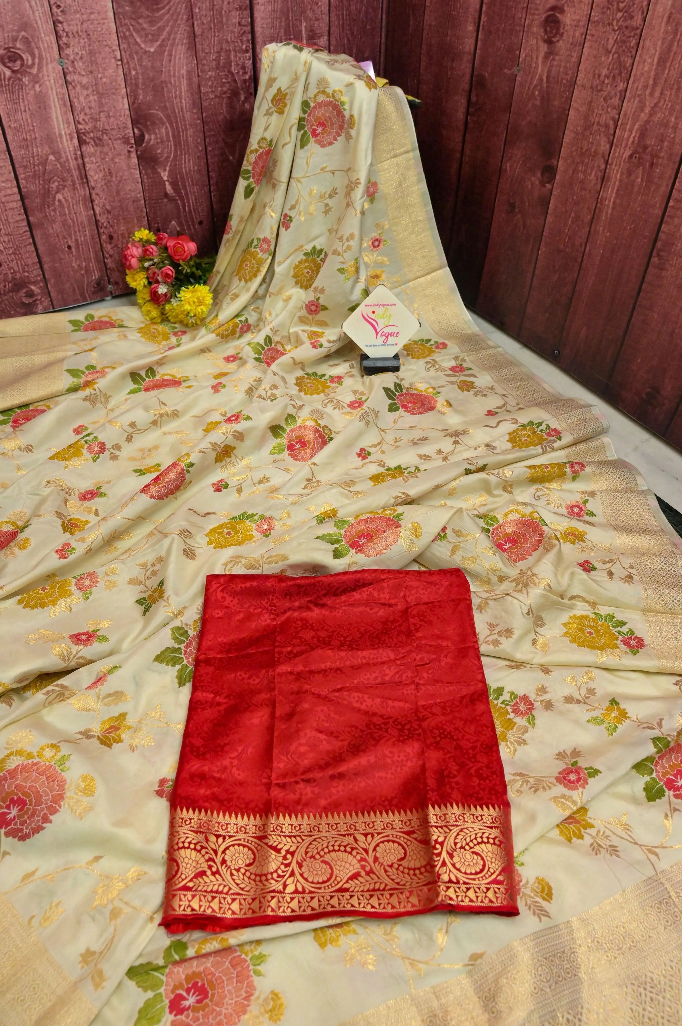 Cream Color Muga Banarasi Saree with Allover Zari Work